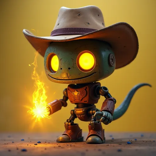 Prompt: Make a robot named snake eyes with a cowboy hat and yellow magic