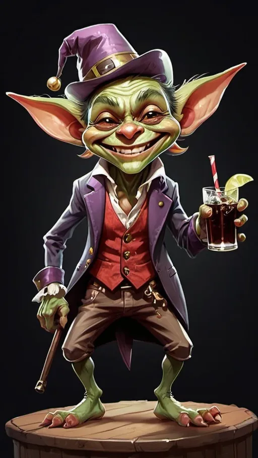 Prompt: smiling winking and fashionably dressed party goblin holding a tall rum and coke
