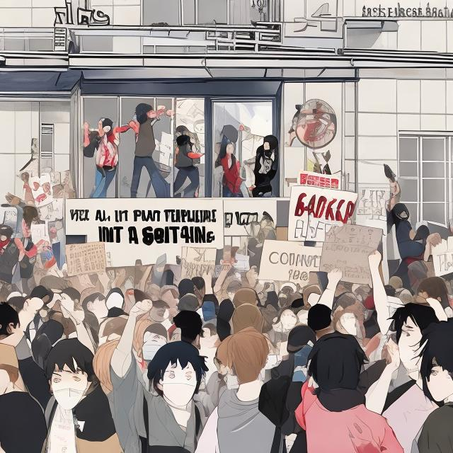 Prompt: Protesting happening inside of a building anime style