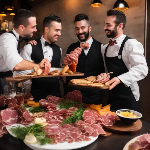 Prompt: Photo of a collision between a waiter with a charcuterie board and another waiter.