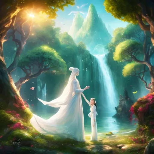 Prompt: Fair skin, a disney style princess dress, white dress, original design, long-sleeve, extremely baggy dress, hijab scarf falling over chest, modest, tall girl, fair mannequin, Digital painting, Highly detailed, Concept art, Artstation, Fantasy, Octane render, Cinematic lighting, Otherworldy, Fantasy style, Magical, Illusion, novel cover design, cover for novel, long flowing hijab, vibrant trees, ocean view from kingdom, light brown haired prince by her side
