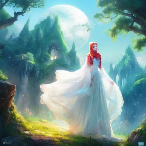 Prompt: Fair skin, a disney style princess dress, white dress, original design, long-sleeve, extremely baggy dress, hijab scarf falling over chest, modest, tall girl, fair mannequin, Digital painting, Highly detailed, Concept art, Artstation, Fantasy, Octane render, Cinematic lighting, Otherworldy, Fantasy style, Magical, Illusion, novel cover design, cover for novel, long flowing hijab, vibrant trees, ocean view from mountain
