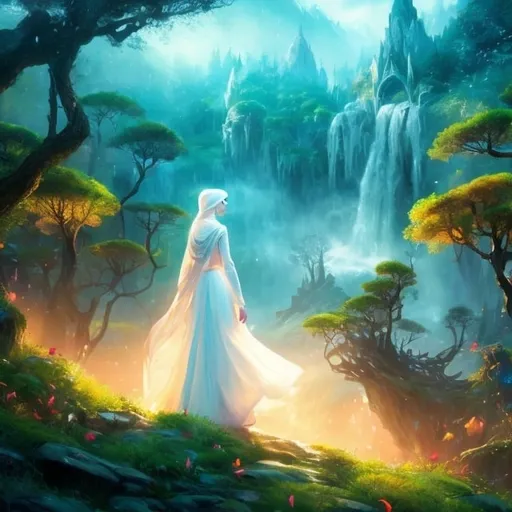 Prompt: Fair skin, a disney style princess dress, white dress, original design, long-sleeve, extremely baggy dress, hijab scarf falling over chest, modest, tall girl, fair mannequin, Digital painting, Highly detailed, Concept art, Artstation, Fantasy, Octane render, Cinematic lighting, Otherworldy, Fantasy style, Magical, Illusion, novel cover design, cover for novel, long flowing hijab, vibrant trees, ocean view from mountain
