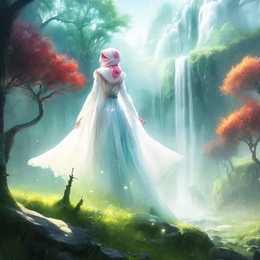 Prompt: Fair skin, a disney style princess dress, white dress, original design, long-sleeve, extremely baggy dress, hijab scarf falling over chest, modest, tall girl, fair mannequin, Digital painting, Highly detailed, Concept art, Artstation, Fantasy, Octane render, Cinematic lighting, Otherworldy, Fantasy style, Magical, Illusion, novel cover design, cover for novel, long flowing hijab, vibrant trees, ocean view from mountain
