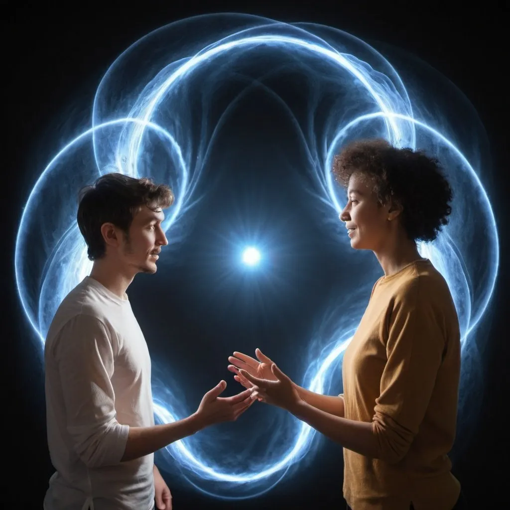 Prompt: Two people conversing with energy waves, 