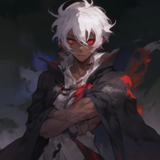 Prompt: cute dark skin male, with white hair, with tatoos in hes arms using a mage robe red eyes
