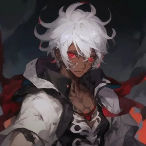 Prompt: cute dark skin male, with white hair, with tatoos in hes arms using casual clothes red eyes
