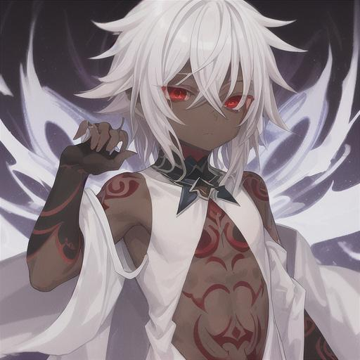 Prompt: dark skin shota, with white hair, with tatoos in hes arms using a mage robe red eyes