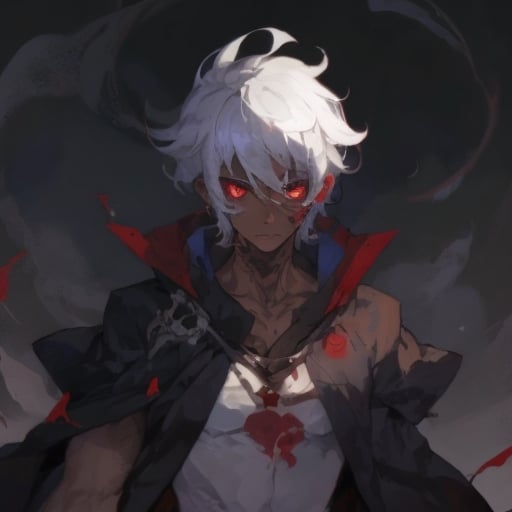 Prompt: cute dark skin male, with white hair, with tatoos in hes arms using a mage robe red eyes
