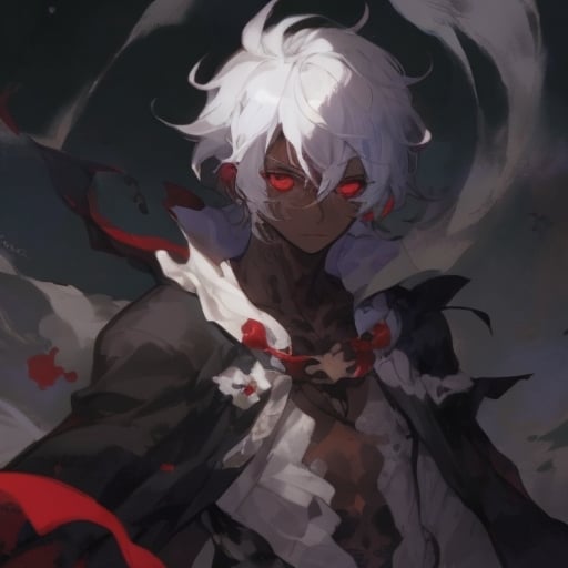 Prompt: cute dark skin male, with white hair, with tatoos in hes arms using a mage robe red eyes
