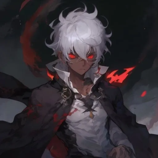 Prompt: cute dark skin male, with white hair, with tatoos in hes arms using a mage robe red eyes
