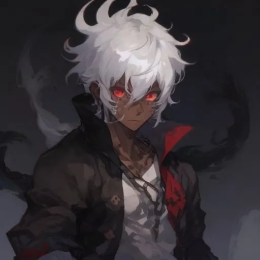 Prompt: cute dark skin male, with white hair, with tatoos in hes arms using casual clothes red eyes
