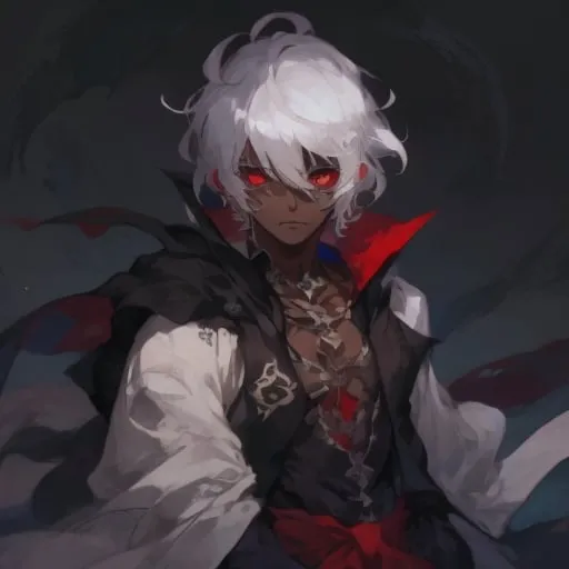 Prompt: cute dark skin male, with white hair, with tatoos in hes arms using a mage robe red eyes
