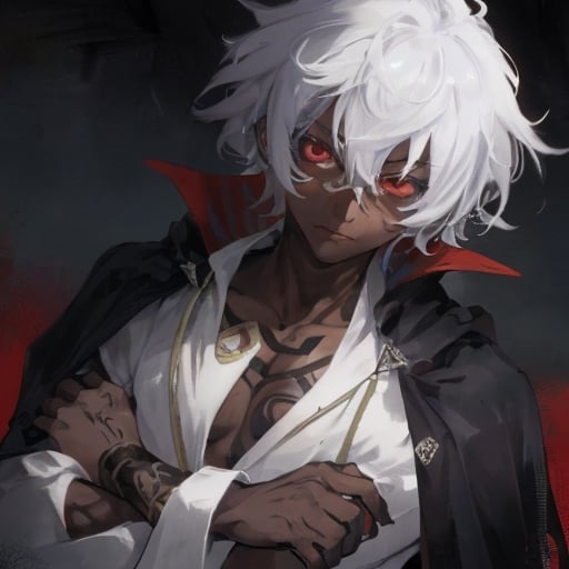 Prompt: cute dark skin male, with white hair, with tatoos in hes arms using a mage robe red eyes
