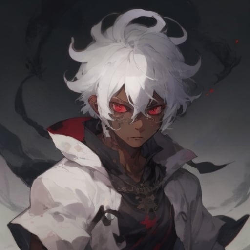 Prompt: cute dark skin male, with white hair, with tatoos in hes arms using casual clothes red eyes
