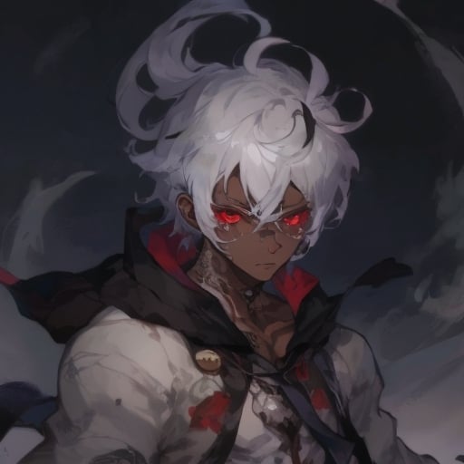 Prompt: cute dark skin male, with white hair, with tatoos in hes arms using a mage robe red eyes
