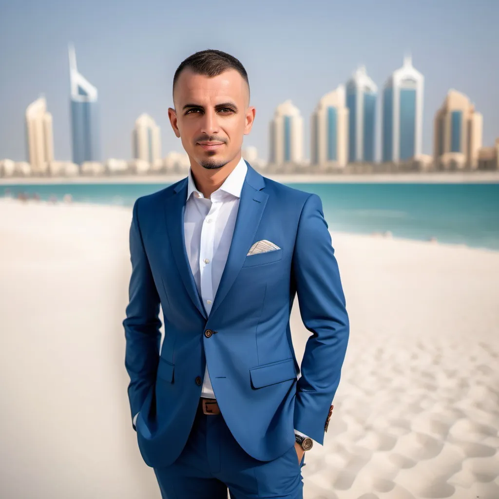 Prompt: Professional photography of a man with very short hair, Jumeirah beach background, wearing a blue suit, daylight