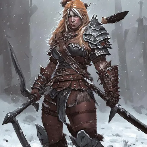 Prompt: A female barbarian in full leather armor, surrounded by snowstorm, in a painterly style.