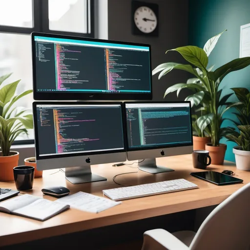 Prompt: A creative illustration of a modern Full-Stack Developer's workspace, featuring a dual-screen setup displaying a mix of front-end and back-end code. One screen shows a beautifully designed website interface with vibrant colors, while the other displays lines of backend code in a terminal. The desk is organized with a cup of coffee, notebooks, and a potted plant, set in a cozy, well-lit room with a tech-savvy ambiance. The overall vibe is professional and inspiring, emphasizing innovation and coding expertise
 

