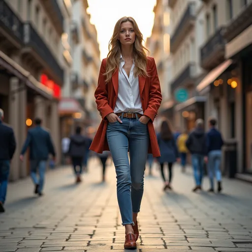 Prompt: Tall young woman walking down the high street, detailed clothing, realistic, natural lighting