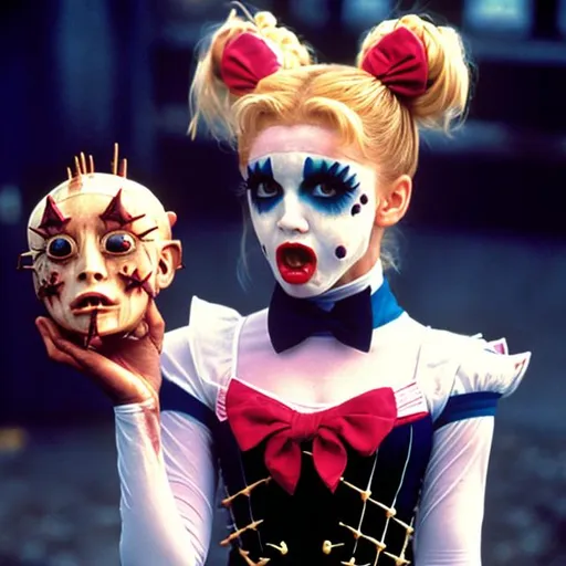 Prompt: Realistic Photograph of Sailor moon dressed as pinhead from the movie hellraiser