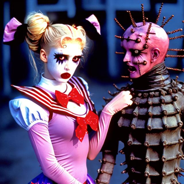 Prompt: Realistic Photograph of sailor moon dressed as pinhead from the movie hellraiser