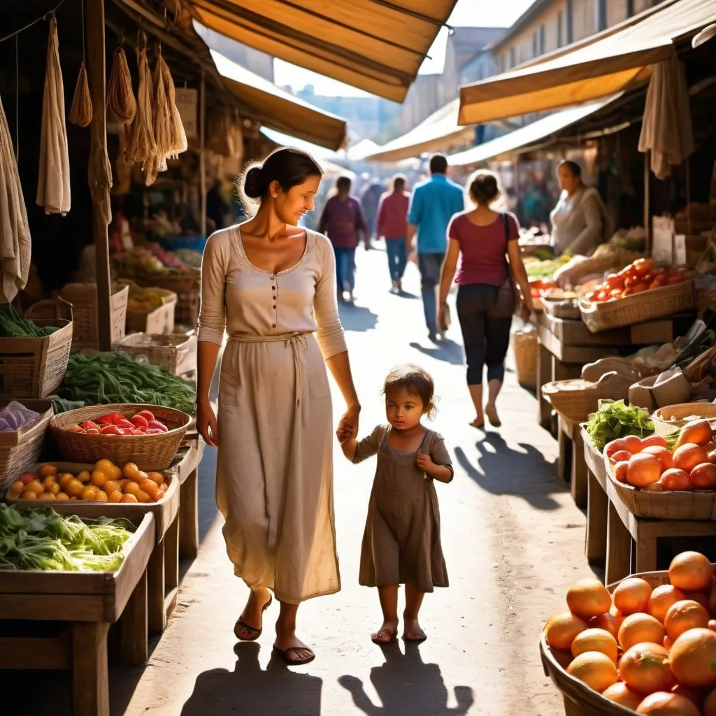 Prompt: Una madre y su hijo pequeño visitan un mercado

El niño y la madre visten como pobres.
