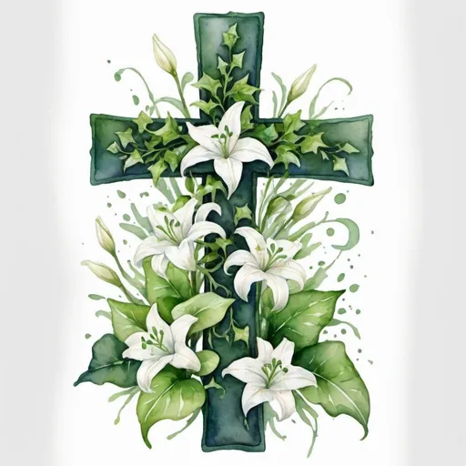 Prompt: water color  cross with green ivy and small white lilies 