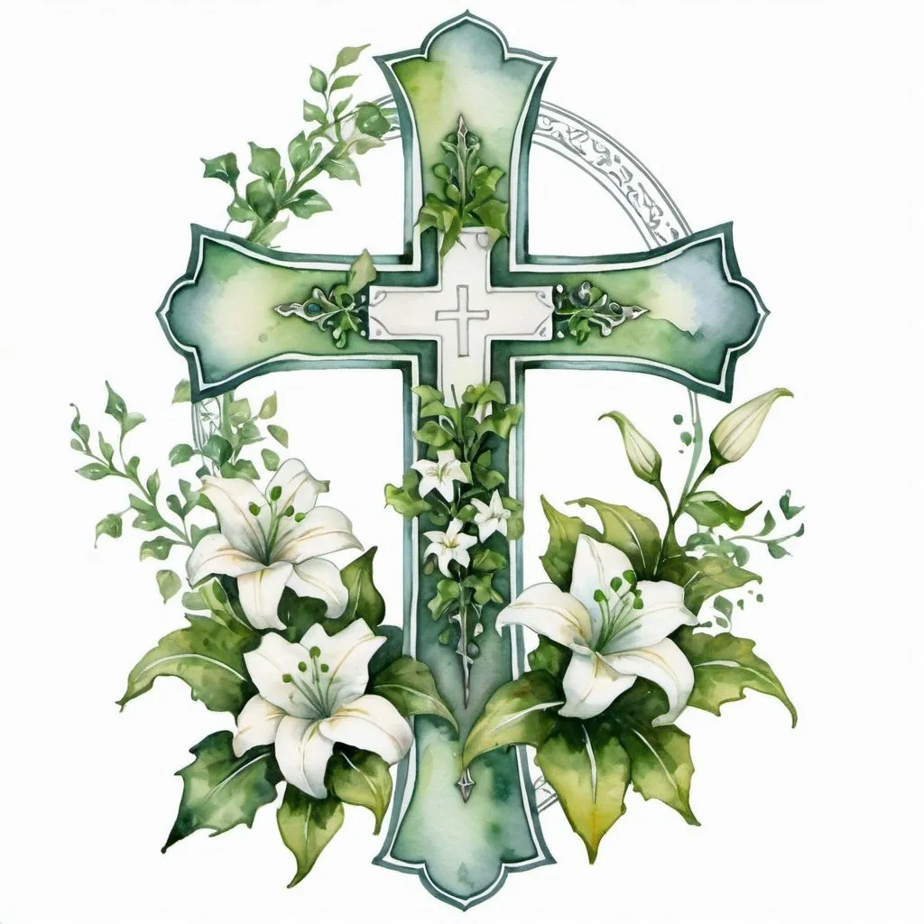 Prompt: water color victorian cross with green ivy and small white lilies 