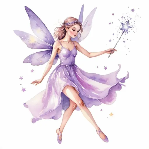 Prompt: watercolor  fairy dressed in light lilac dress with sparkles , holding a wand in her hand, in a  flying position on a white background