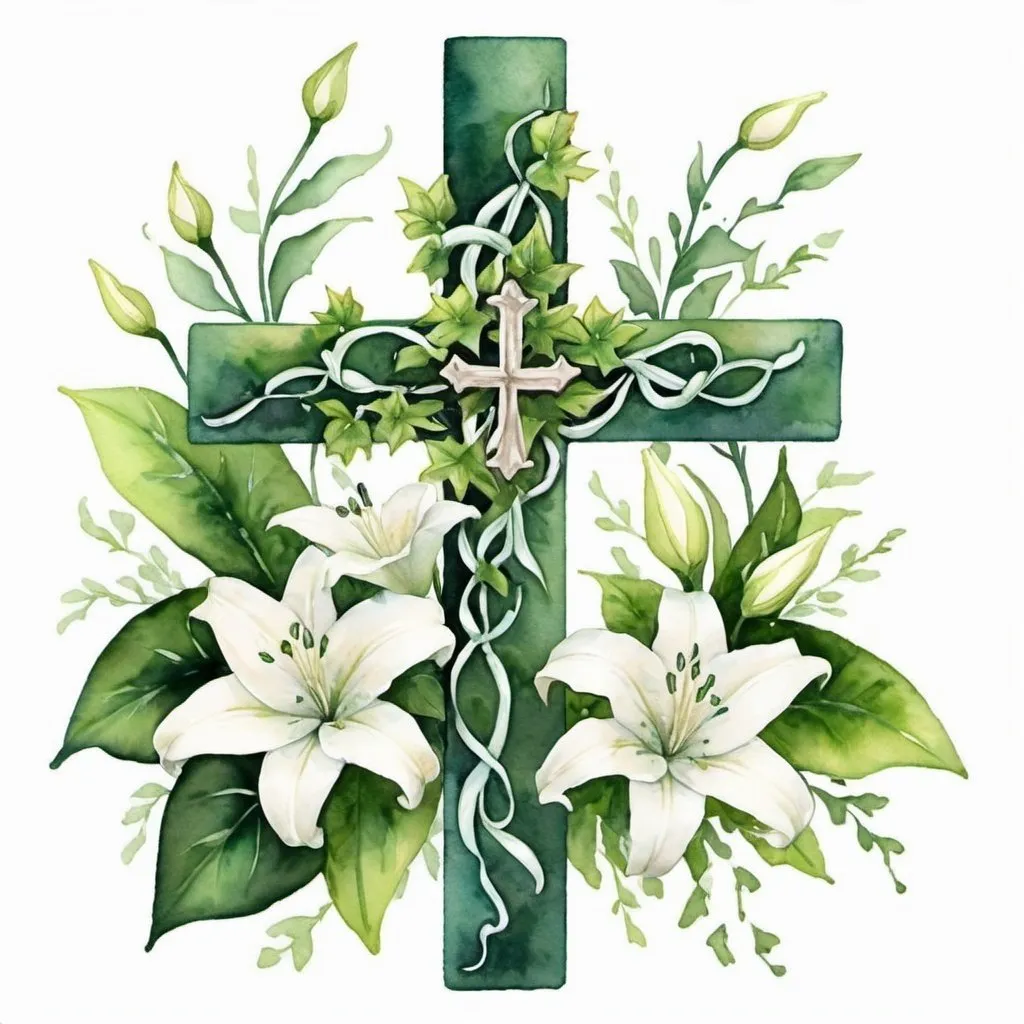 Prompt: water color  cross with green ivy and small white lilies 