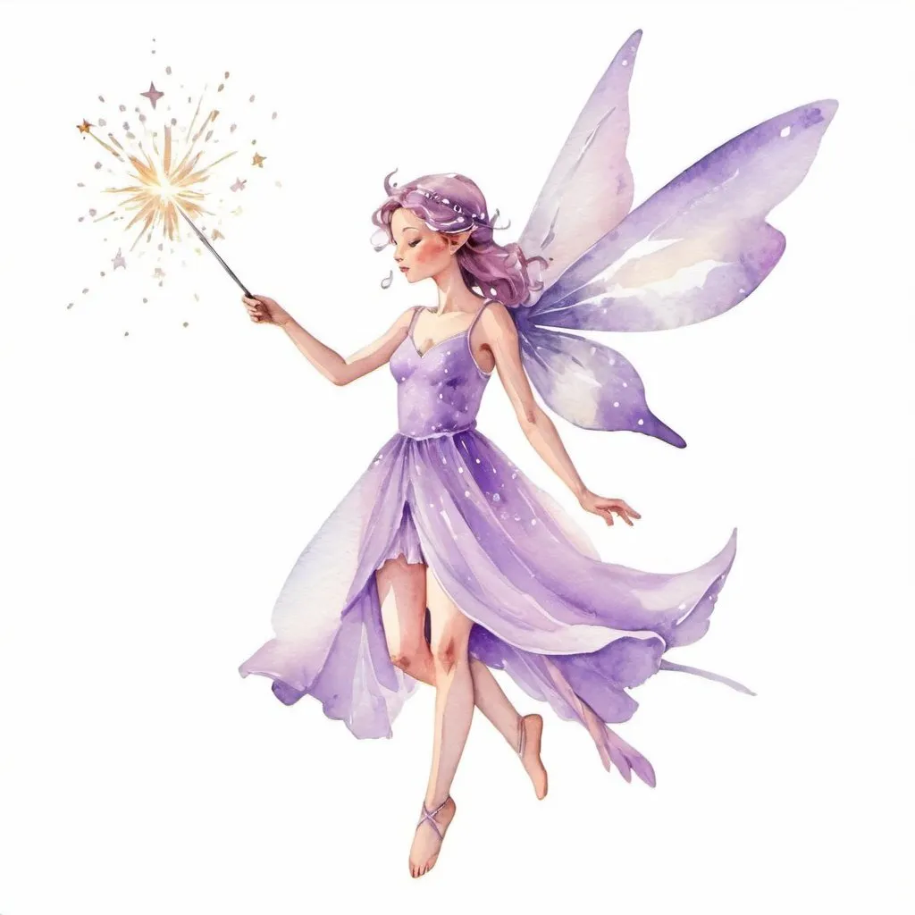 Prompt: watercolor  fairy dressed in light lilac dress with sparkles , holding a wand in her hand, in a  flying position on a white background