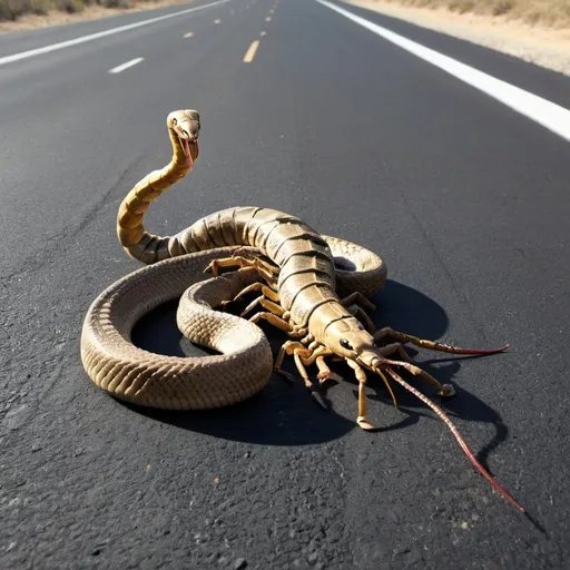 Prompt: Large scorpion facing large cobra snake. They are on a black roadway. The snake is Metallic gold. The scorpion is Metallic chrome. 