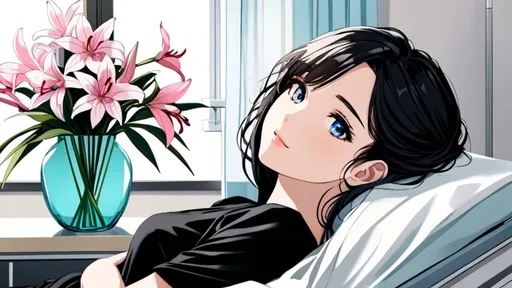 Prompt: A girl, 17 years old,. Black hair, windswept bangs, blue eyes, black mascara. Black dress. small smile She is lying in a hospital bed. A vase with pink lilies and white orchids is on a counter. Afternoon.