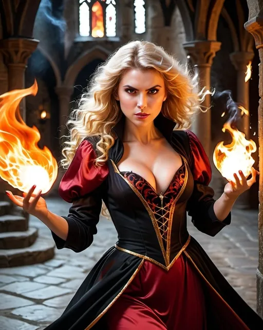 Prompt: An angry sorceress, 25 years old, Caucasian. Frizzy blonde hair, brown eyes. Red-and-black gown, plunging neckline. She is throwing a fireball. Castle interior, evening.