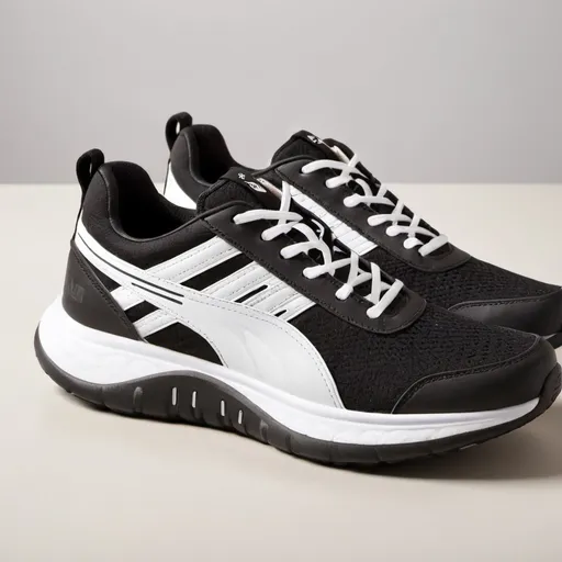 Prompt: A black and white running shoe with white laces with a memory foam sole and leather aspects