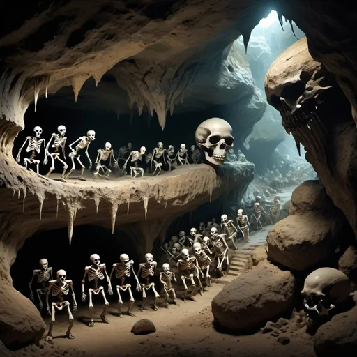 Prompt: A cave filled with evil skeletons attacking people