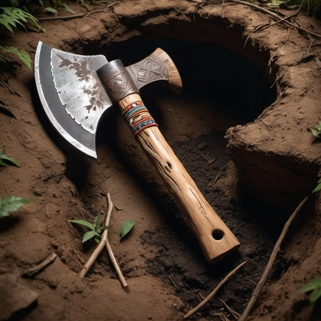 Prompt: native American hatchet. it is located on the ground inside a hole 