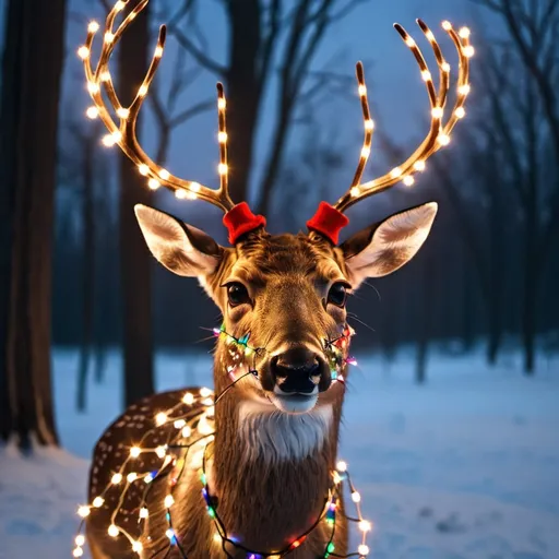 Prompt: A Christmas deer with Christmas lights wrapped around it's antlers.