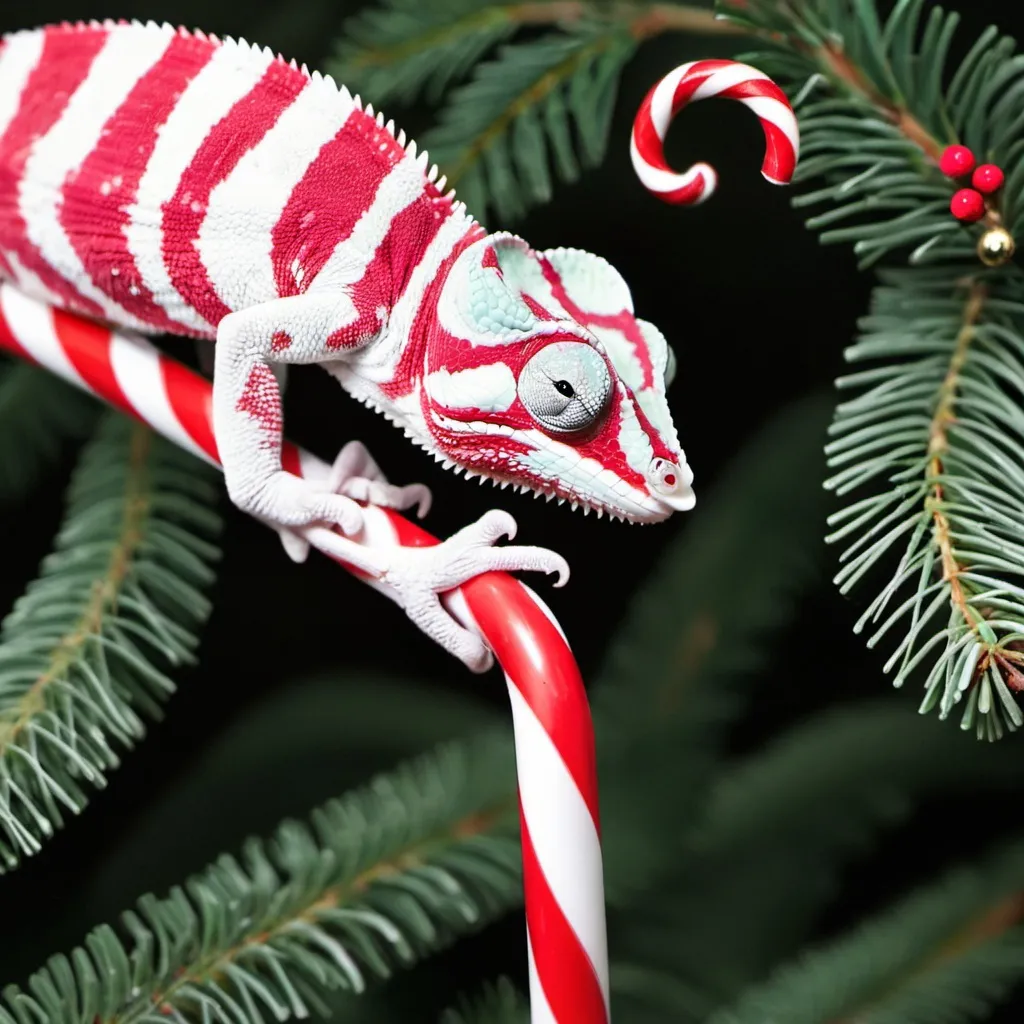 Prompt: a red and white chameleon on a Candy cane during Christmas