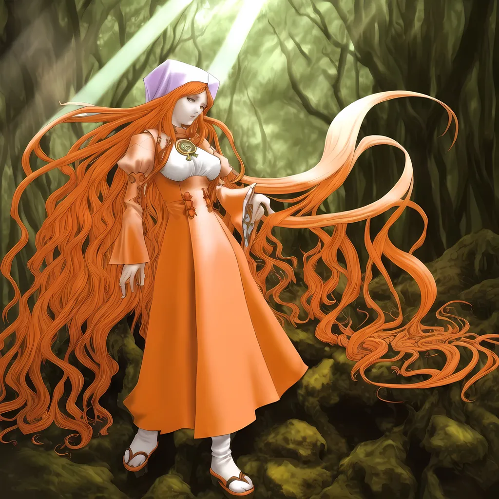Prompt: A fantasy priestess in the forest, long flowing orange hair, sun beams, fitted outfit, stylized outfit, miko inspired outfit, purple, white, and red color outfit, avant garde outfit, warm toned pale skin