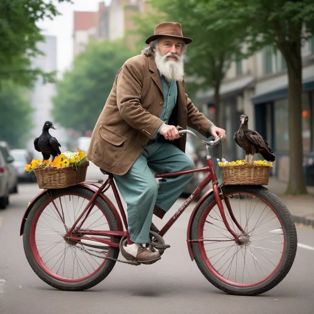 Prompt: Middle aged man on old red bike with fat tires. Bike has a basket in front and back.  The front basket has a terrier and the back basket has a brown satchel.

The man is wearing a black tall hat with 3 feathers, a white swan's feather, a black crow's feather, and a brown owl's feather and a posy of flowers tucked into its brim. His jacket is sky blue, he is wearing a green shirt and brown corderoy trousers which are patched. He has long tangled grey hair and a beard.

His is riding in the city.

 His age was a puzzle, somewhere between fifty and seventy. 



  