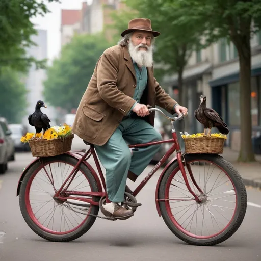 Prompt: Middle aged man on old red bike with fat tires. Bike has a basket in front and back.  The front basket has a terrier and the back basket has a brown satchel.

The man is wearing a black tall hat with 3 feathers, a white swan's feather, a black crow's feather, and a brown owl's feather and a posy of flowers tucked into its brim. His jacket is sky blue, he is wearing a green shirt and brown corderoy trousers which are patched. He has long tangled grey hair and a beard.

His is riding in the city.

 His age was a puzzle, somewhere between fifty and seventy. 



  