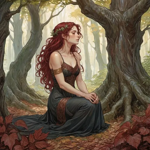 Prompt: a woman kneeling in the woods, wearing dark sun dress, facing to the right, dark red hair, leaning in, with her right hand and forehead on a tree, large leaves in her hair, Rebecca Guay, fantasy art, storybook illustration, nature's chosen, magic the gathering