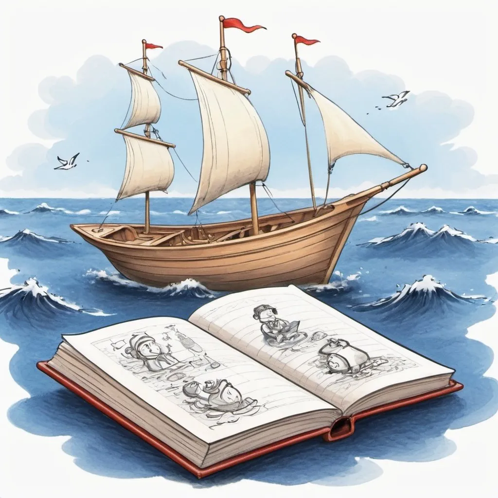 Prompt: Please draw a cartoon sketch on sailing on the sea of knowledge