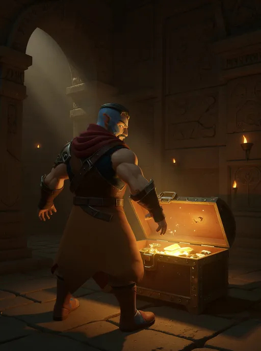 Prompt: the reference character opening a treasure chest inside a temple, the view is from back of the character

