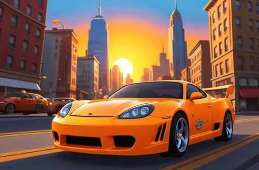 Prompt: Embark on an adventure with our animated CD! Picture the stunning city skyline at sunset, painted in vibrant shades of yellow and orange. As the sun dips below the horizon, a lively cartoonish monster car comes roaring into view, racing through the city streets with thrilling speed and motion. Experience the excitement and beauty of the urban landscape in a whole new light!