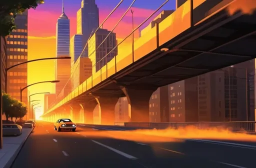 Prompt: Experience the thrill of the city at sunset with our animated CD! Watch as the city comes to life in stunning yellow and orange hues, with skyscrapers silhouetted against the sky. Suddenly, a cartoonish monster car bursts onto the scene, racing through the streets with exhilarating motion. Get ready for an unforgettable adventure