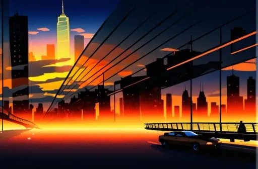 Prompt: Experience the thrill of the city at sunset with our animated CD! Watch as the city comes to life in stunning yellow and orange hues, with skyscrapers silhouetted against the sky. Suddenly, a cartoonish monster car bursts onto the scene, racing through the streets with exhilarating motion. Get ready for an unforgettable adventure