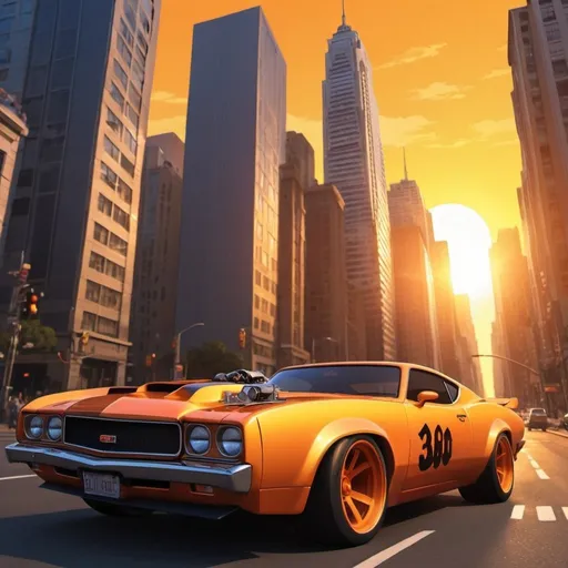 Prompt: Experience the thrill of the city at sunset with our animated CD! Watch as the city comes to life in stunning yellow and orange hues, with skyscrapers silhouetted against the sky. Suddenly, a cartoonish monster car bursts onto the scene, racing through the streets with exhilarating motion. Get ready for an unforgettable adventure